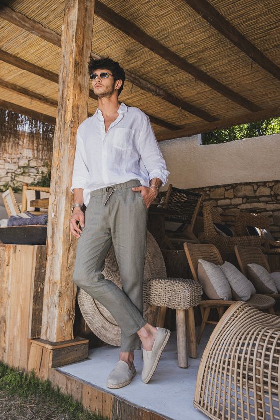 White Linen Shirt with Grey linen pants and Grey Espadrilles 